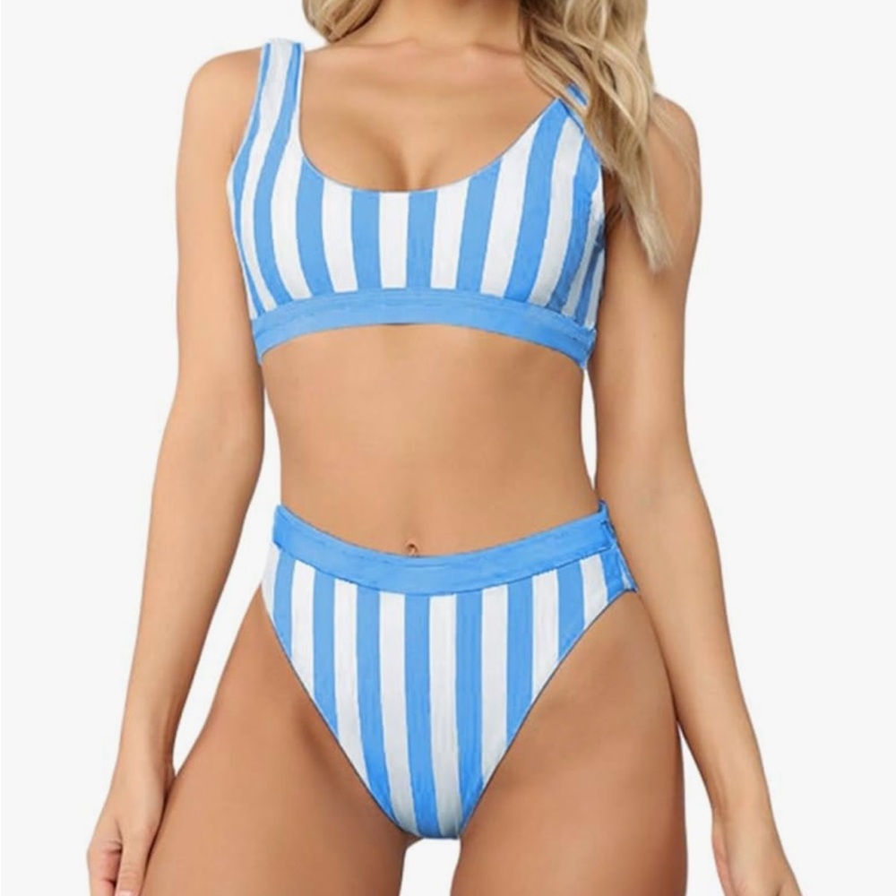 Aleumdr Blue & White Striped High Waisted Cheeky Bottom 2 pc Bikini, Women’s M
